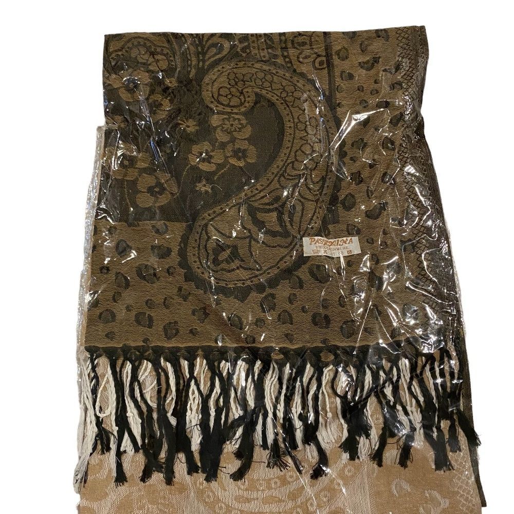 Pashmina Gold Brown 100% Cashmere Paisley Floral Reversible Fringe Scarf NWOT